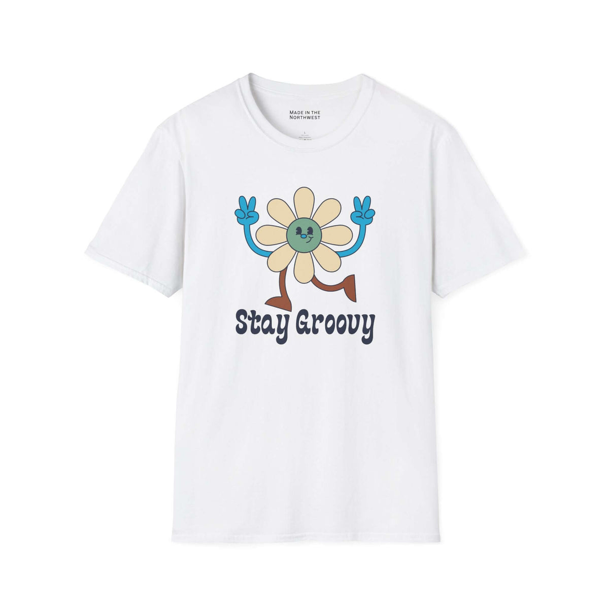 Stay Groovy T Shirt featuring a vibrant retro flower design and playful peace sign symbols.
