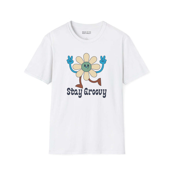 Stay Groovy T Shirt featuring a vibrant retro flower design and playful peace sign symbols.