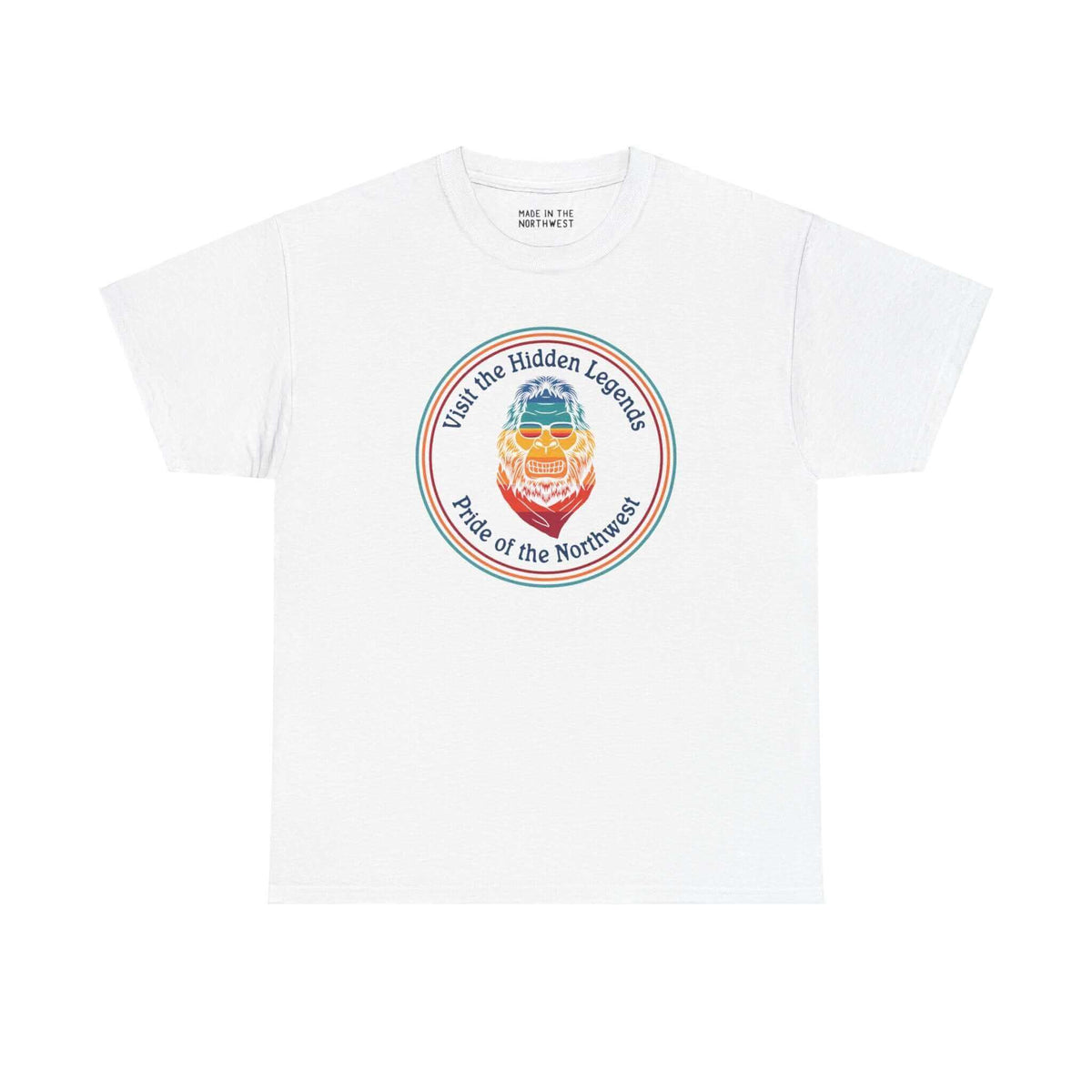 "Hidden Legends Pride of the Northwest Athletic Tee with vibrant Bigfoot design on white shirt"