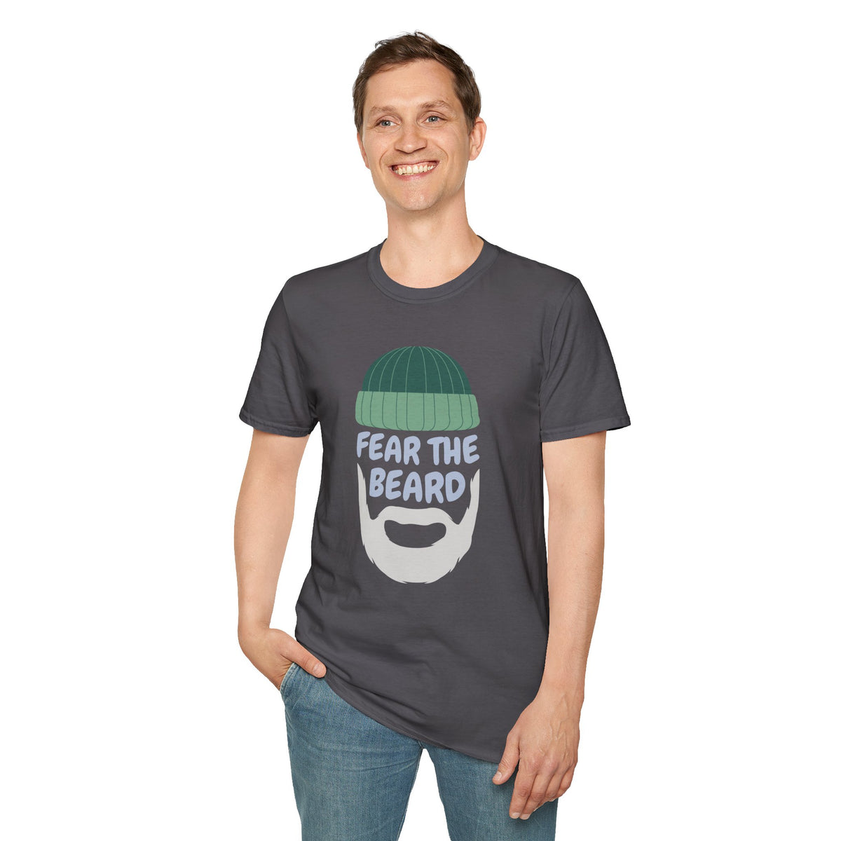 A man wearing a Fear the Beard Lumberjack Softstyle T-Shirt, showcasing a fun graphic design with a beard.