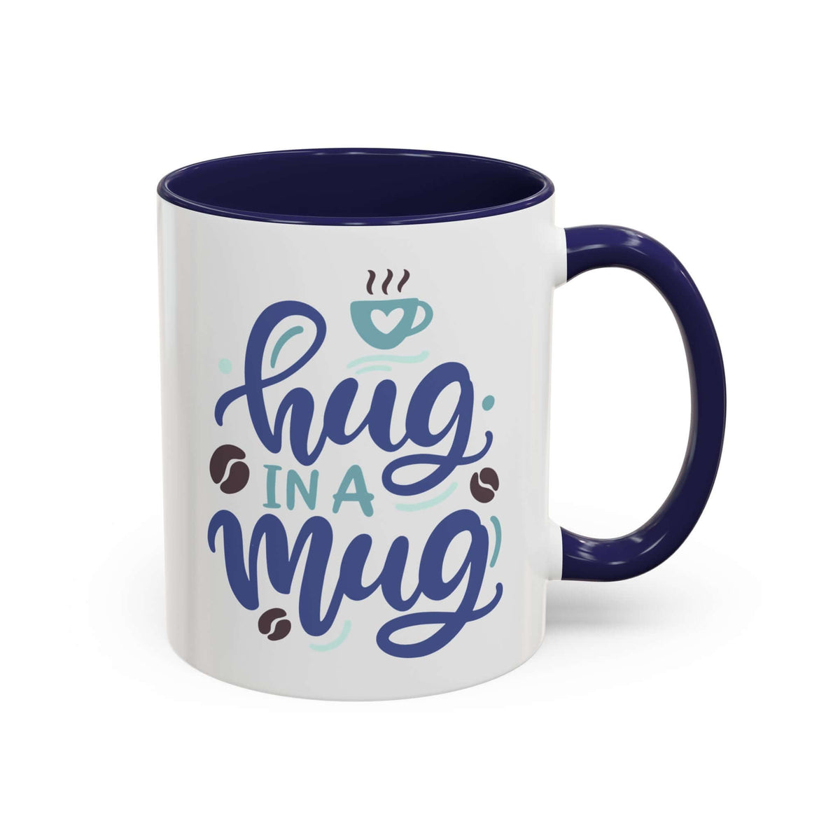 Hug in a Mug Coffee Mug with playful lettering and coffee motifs, featuring a navy interior and cheerful design.