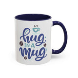 Hug in a Mug Coffee Mug with playful lettering and coffee motifs, featuring a navy interior and cheerful design.