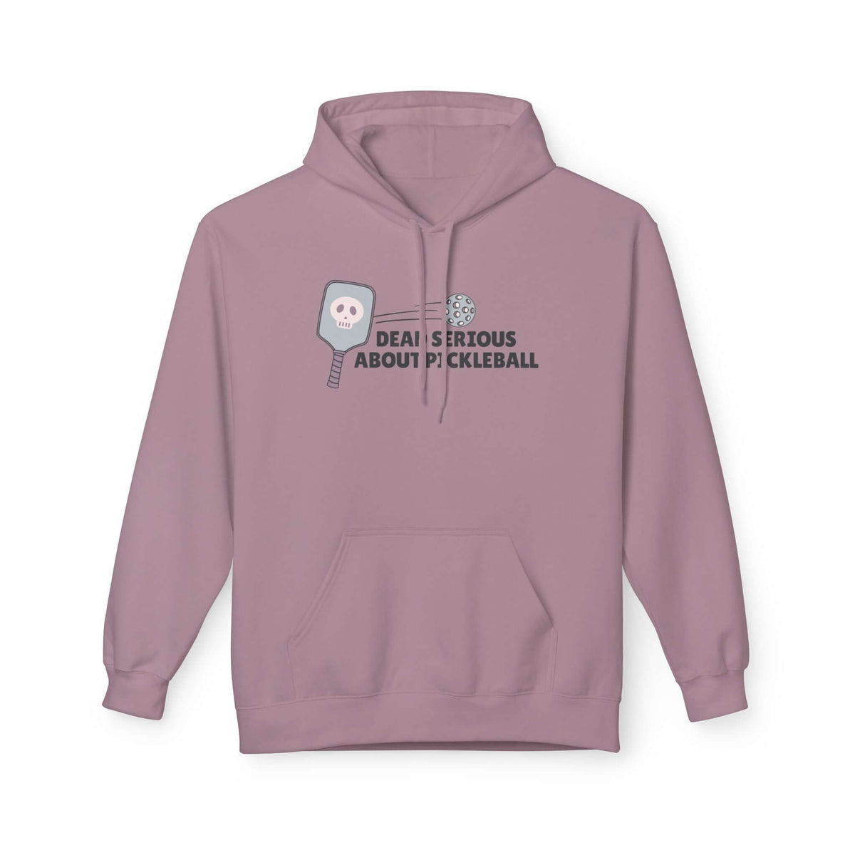Dead Serious About Pickleball Hoodie featuring a skull-decorated paddle and fun pickleball graphic.