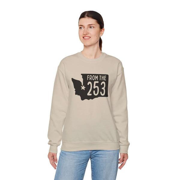 "From the 253 sweatshirt featuring Washington state silhouette and Tacoma star design worn by a woman"