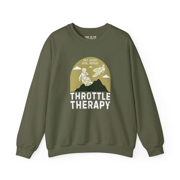 "Throttle Therapy Sweatshirt with dirt bikers jumping in front of a mountain backdrop, perfect for motocross enthusiasts."