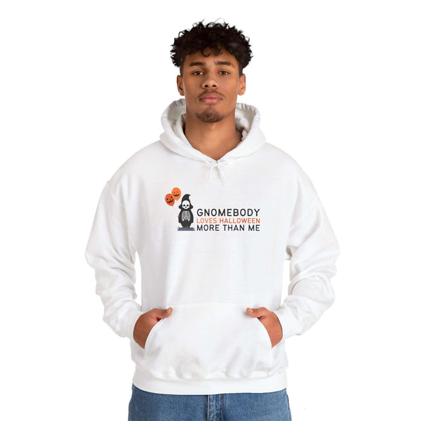 Gnomebody Loves Halloween More Than Me hoodie in white featuring a cute skeleton gnome and festive Halloween balloons.
