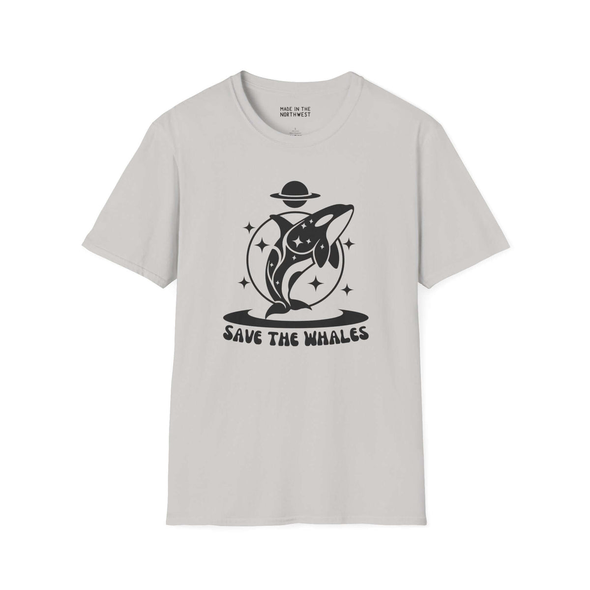 Save the Whales Orca Softstyle T-Shirt with a mystical orca graphic on a light gray background.