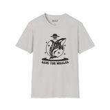 Save the Whales Orca Softstyle T-Shirt with a mystical orca graphic on a light gray background.