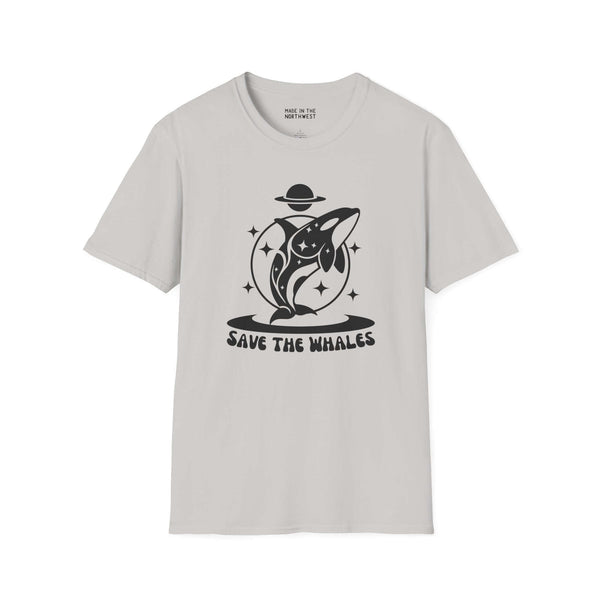 Save the Whales Orca Softstyle T-Shirt with a mystical orca graphic on a light gray background.