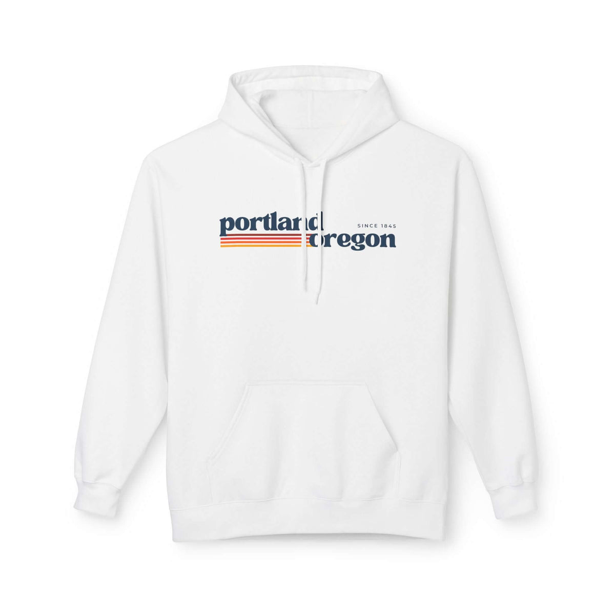 White retro Portland hoodie featuring minimalist graphic and warm retro stripes.