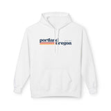 White retro Portland hoodie featuring minimalist graphic and warm retro stripes.