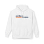 White retro Portland hoodie featuring minimalist graphic and warm retro stripes.