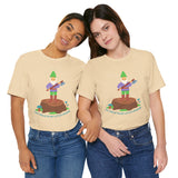 Two women wearing the Say Hello to My Little Friend premium soft tee featuring a gnome with an axe.