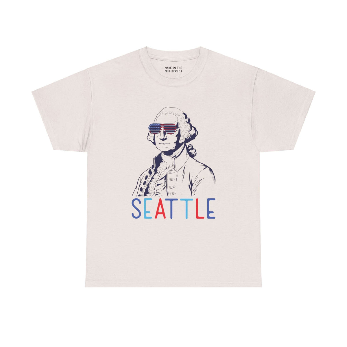 Seattle-themed tee with George Washington in USA sunglasses, perfect for Fourth of July celebrations and showing local pride.