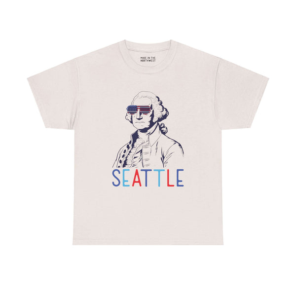 Seattle-themed tee with George Washington in USA sunglasses, perfect for Fourth of July celebrations and showing local pride.