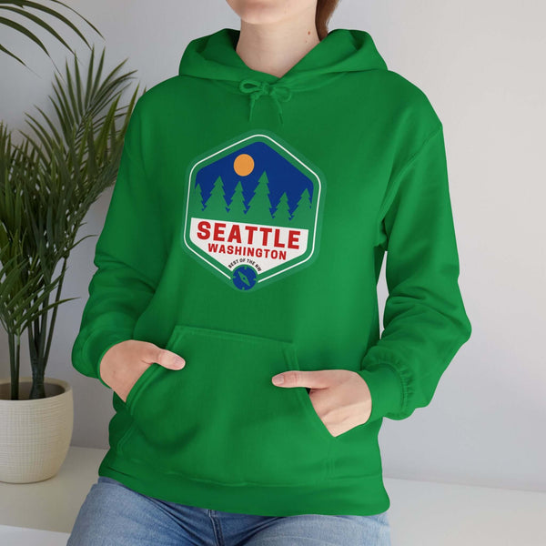 Green Seattle hoodie featuring a retro 'Best of the NW' badge with trees, showcasing Emerald City pride and Pacific Northwest beauty.