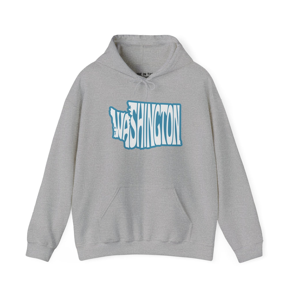 Washington State of Mind typography hoodie in gray featuring state-shaped lettering.