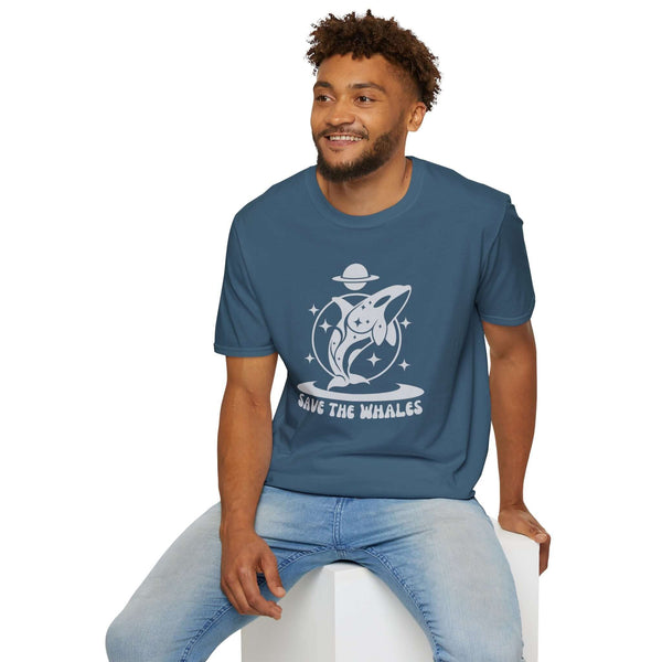 Men's Save the Whales Orca Softstyle T-Shirt featuring a mystical orca graphic on a blue background.