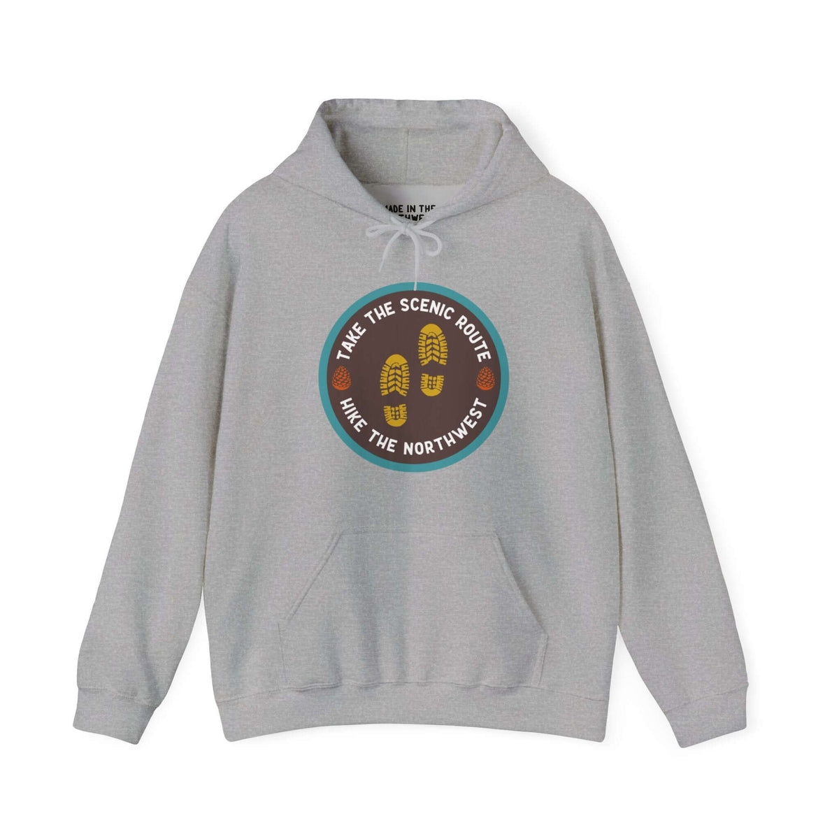 "Take the Scenic Route hoodie for hiking enthusiasts with trail boot print, perfect for Pacific Northwest adventures."