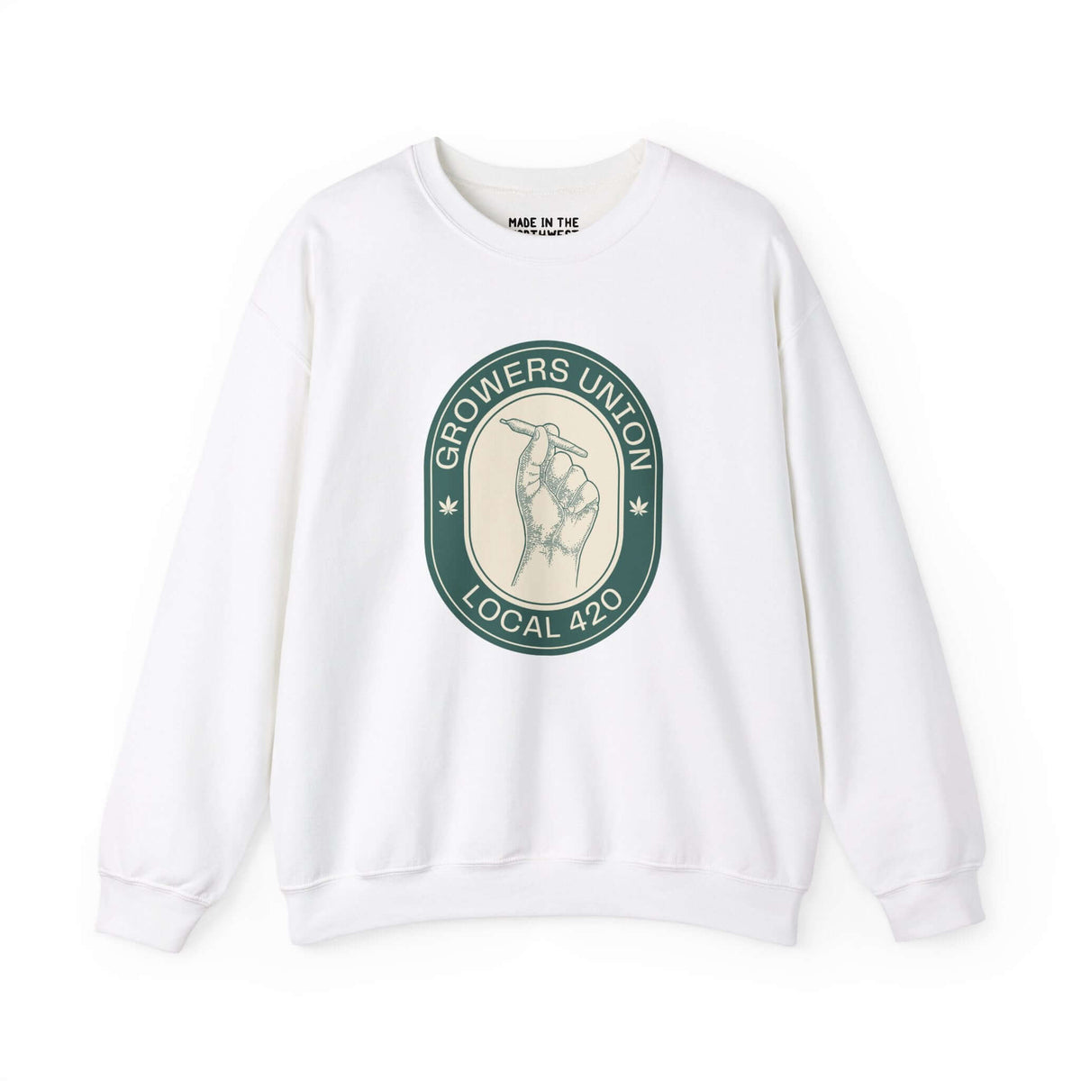 Grower's Union Local 420 sweatshirt with a hand holding a joint graphic, perfect for 420 culture enthusiasts.