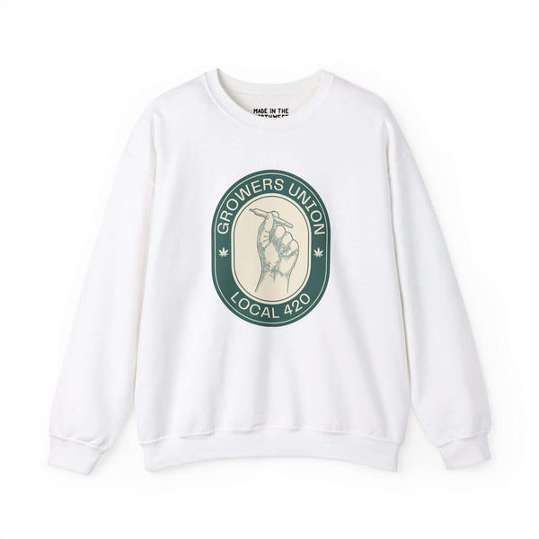 Grower's Union Local 420 sweatshirt with a hand holding a joint graphic, perfect for 420 culture enthusiasts.