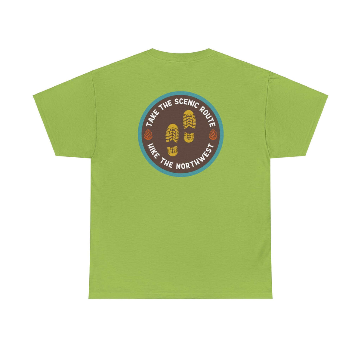 Green hiking tee with "Take the Scenic Route - Hike the Northwest" logo, perfect for outdoor enthusiasts exploring nature.