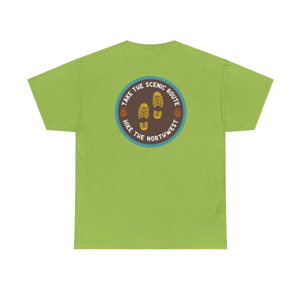 Green hiking tee with "Take the Scenic Route - Hike the Northwest" logo, perfect for outdoor enthusiasts exploring nature.