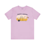 Happy Camper Adventure Premium Soft Tee with a vintage camper design on a lavender shirt, perfect for outdoor lovers.