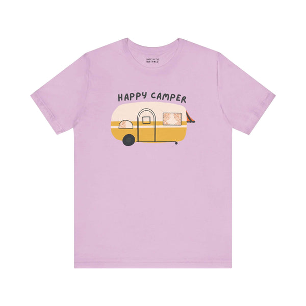 Happy Camper Adventure Premium Soft Tee with a vintage camper design on a lavender shirt, perfect for outdoor lovers.