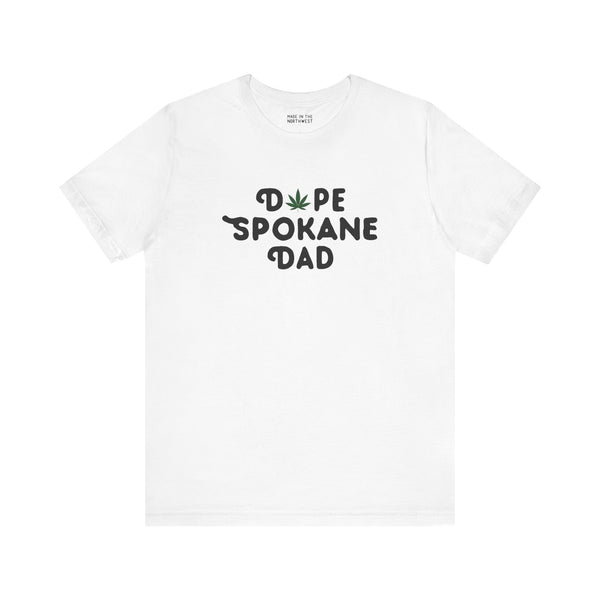 Dope Spokane Dad Premium Soft Tee featuring a playful marijuana leaf in the title, perfect for cool dads in Washington.