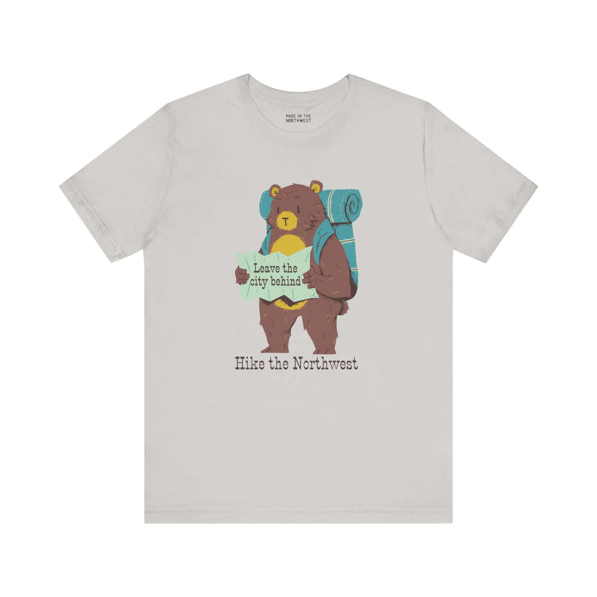 Bear with backpack and map Northwest adventure tee shirt, perfect for little explorers who love hiking and the outdoors.