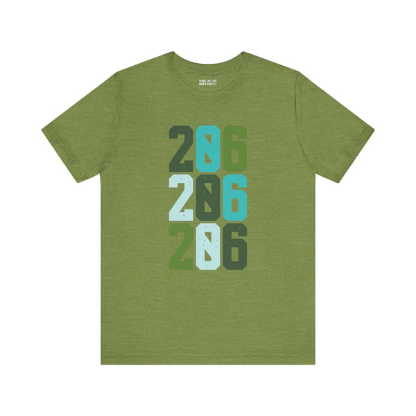 Two-Oh-Six Pop Premium Soft Tee in vibrant green featuring bold 206 design, perfect for Seattle locals.