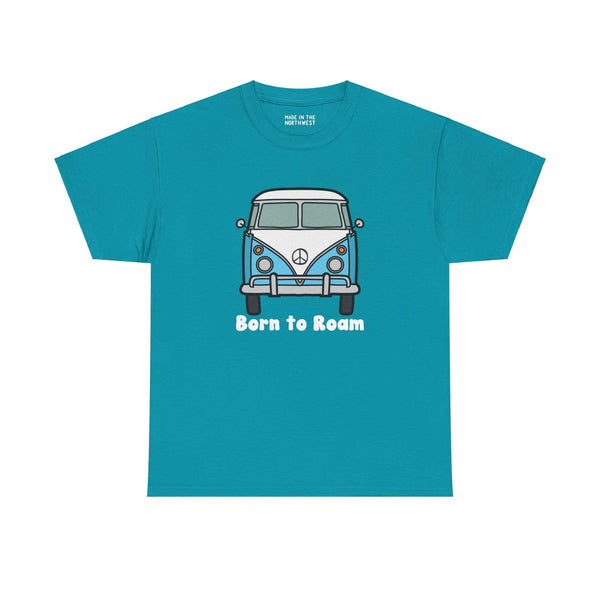 "Born to Roam athletic tee featuring a vanagon bus with peace sign, perfect for adventurous free spirits and nomadic lifestyle enthusiasts."