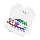 White premium soft tee featuring a slammed Subaru WRX wagon design with text 'IN AWD WE TRUST'.