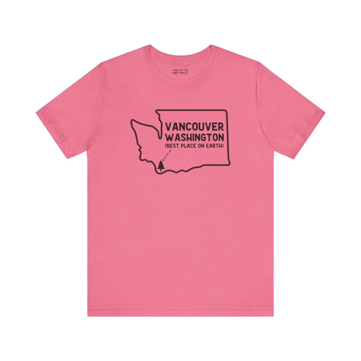 Pink Vancouver Soft Tee with Washington outline and tree icon, showcasing Pacific Northwest pride and style.