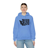 Woman wearing blue hoodie with 