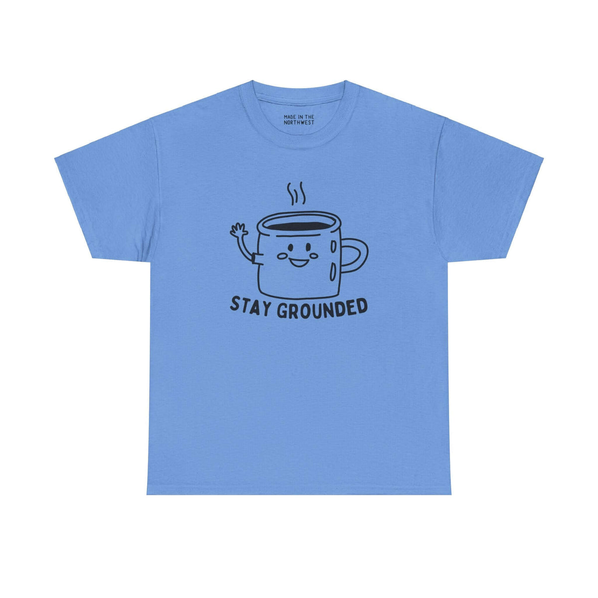 "Blue tee with 'Stay Grounded' text and a waving coffee mug illustration, perfect for coffee lovers seeking comfort and charm."