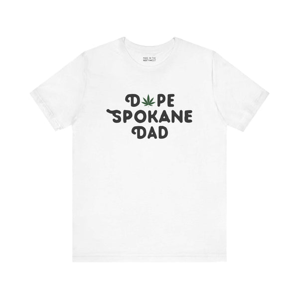 Dope Spokane Dad soft tee with marijuana leaf design in "O" on white background, celebrating Lilac City's cool and unique style.