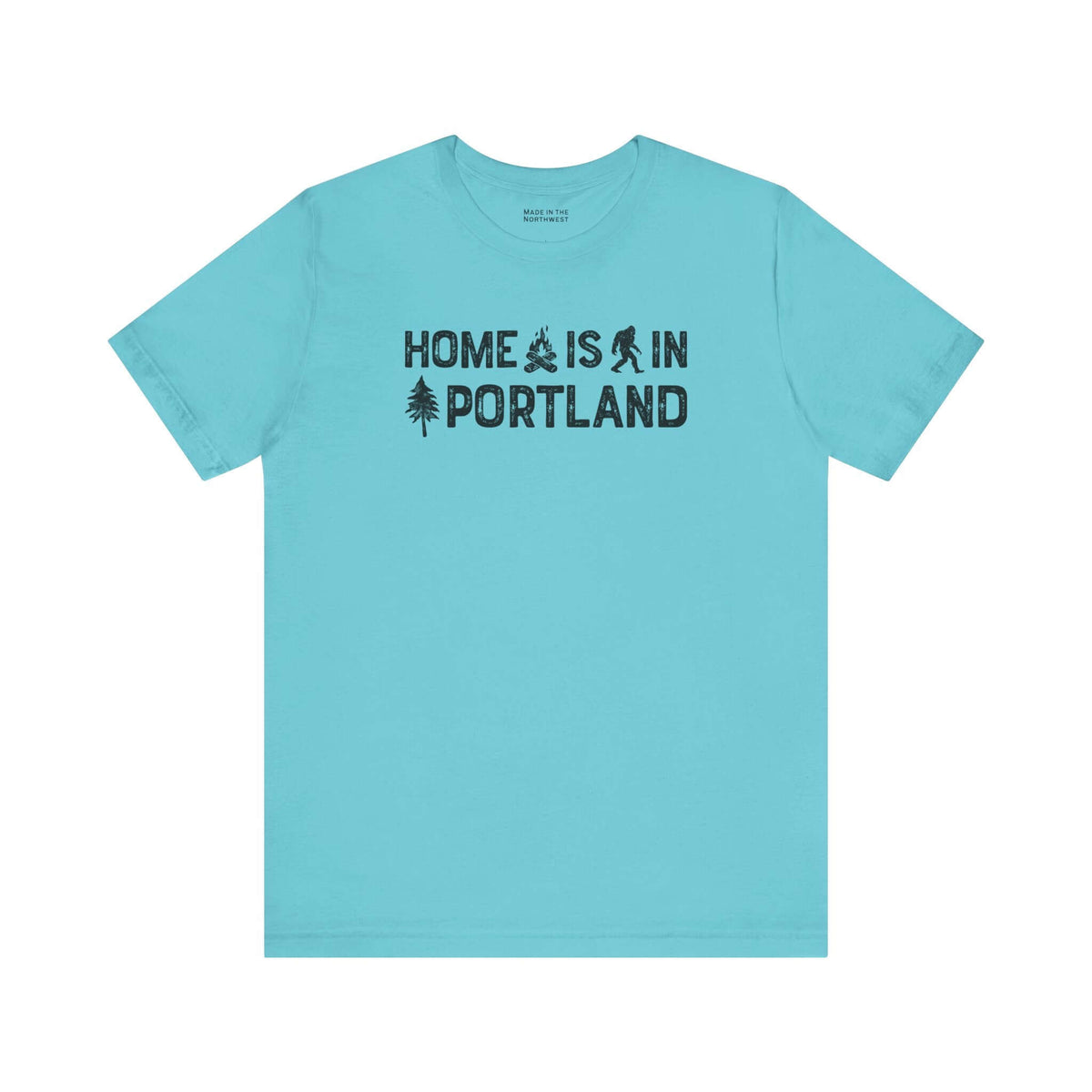 Home Is in Portland tee showcasing a blue shirt with illustrations and text emphasizing Rose City Pride.