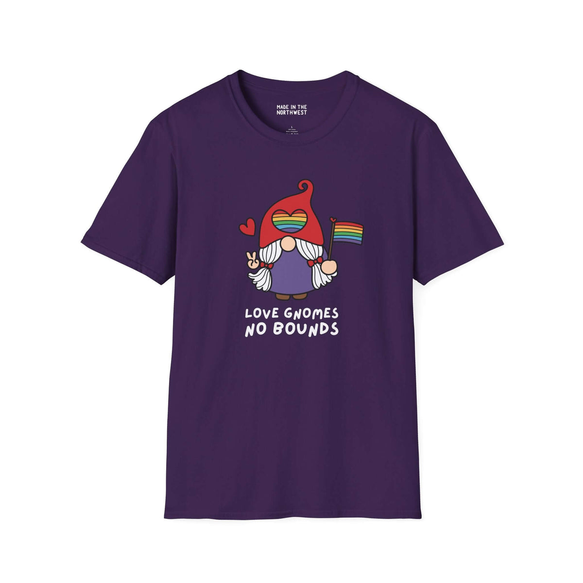 Purple t-shirt featuring Love Gnomes No Bounds design with a gnome holding a rainbow flag, promoting inclusivity and joy.