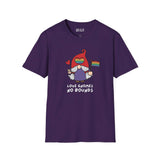 Purple t-shirt featuring Love Gnomes No Bounds design with a gnome holding a rainbow flag, promoting inclusivity and joy.
