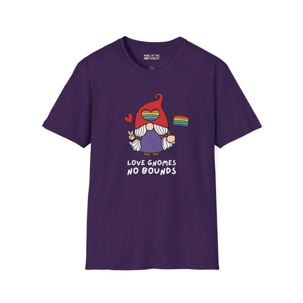 Purple t-shirt featuring Love Gnomes No Bounds design with a gnome holding a rainbow flag, promoting inclusivity and joy.
