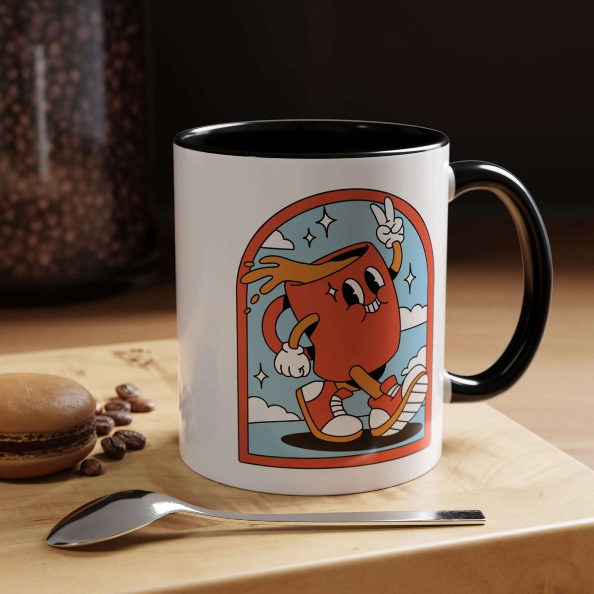 Retro Coffee Badge Mug featuring a playful cartoon character and vibrant design on a ceramic mug.