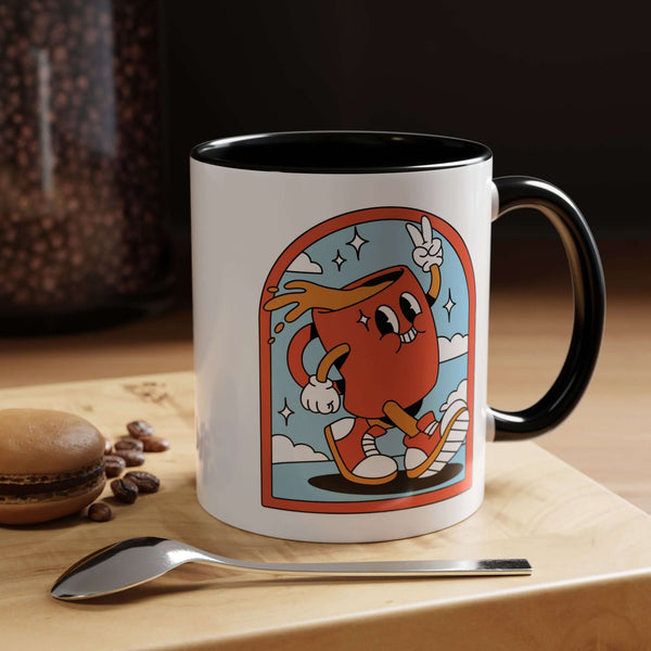 Retro Coffee Badge Mug featuring a playful cartoon character and vibrant design on a ceramic mug.