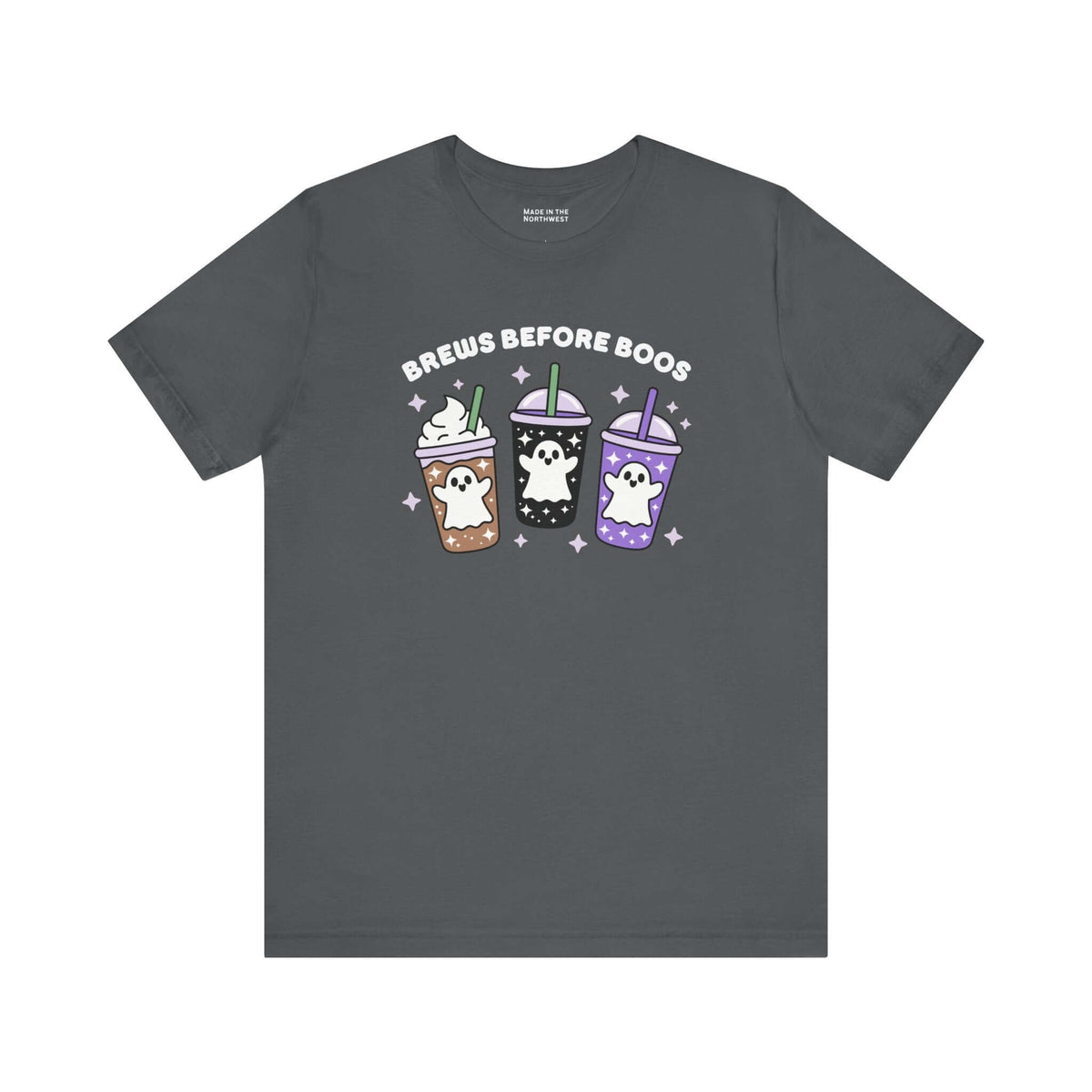 Brews Before Boos Halloween Coffee Premium Soft Tee featuring playful ghost-themed iced coffees design.
