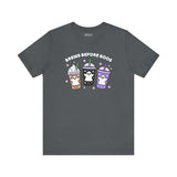 Brews Before Boos Halloween Coffee Premium Soft Tee featuring playful ghost-themed iced coffees design.
