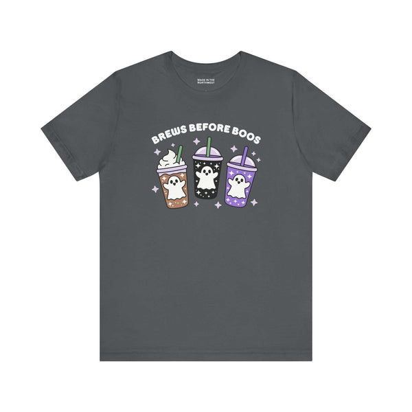 Brews Before Boos Halloween Coffee Premium Soft Tee featuring playful ghost-themed iced coffees design.