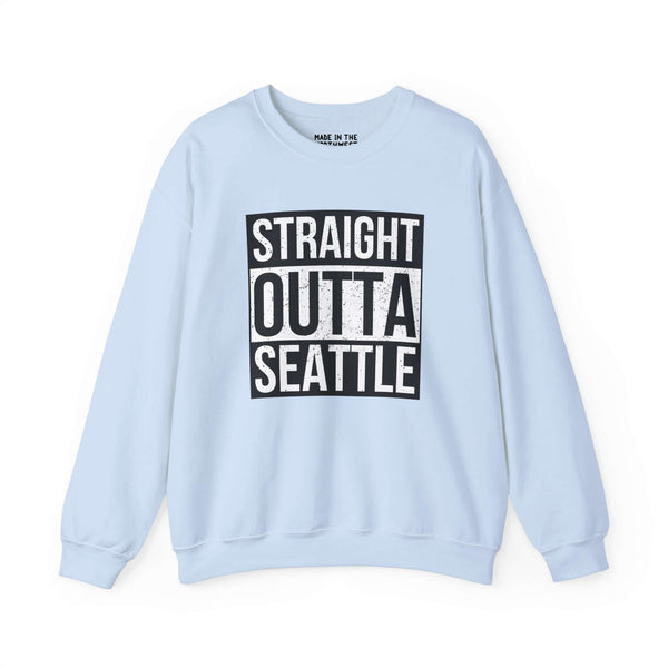 Light blue "Straight Outta Seattle" sweatshirt, bold text design, city pride streetwear, inspired by "Straight Outta Compton".