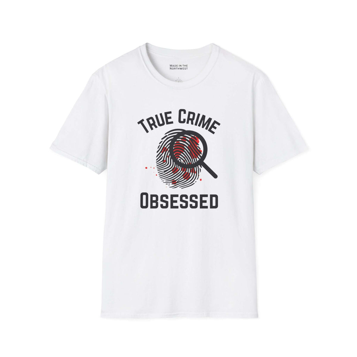 True Crime Obsessed T Shirt featuring a magnifying glass and fingerprint design with blood spatter details