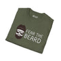 Fear the Beard Lumberjack Softstyle T-Shirt in olive green with beard graphic, perfect for bearded outdoors enthusiasts.